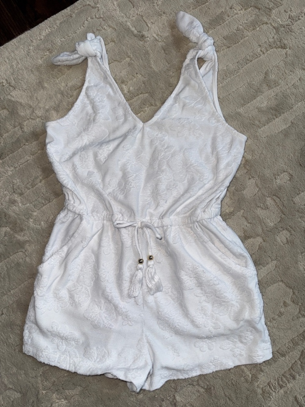 Miken White Textured Swim Romper with Tassel Detail